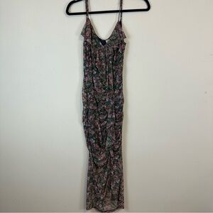 Allison Joy | Green and Pink Floral Mesh Ruched Front Midi Dress Size Small